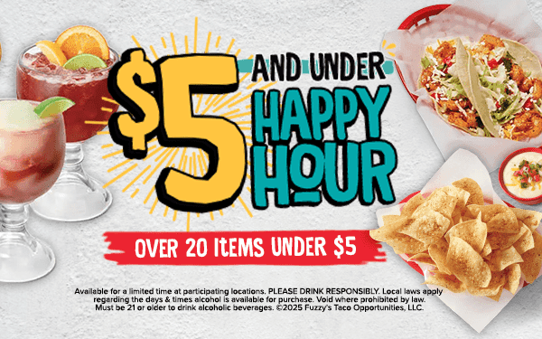 $5 Happy Hour image with drinks featured to the left and entrees to the right