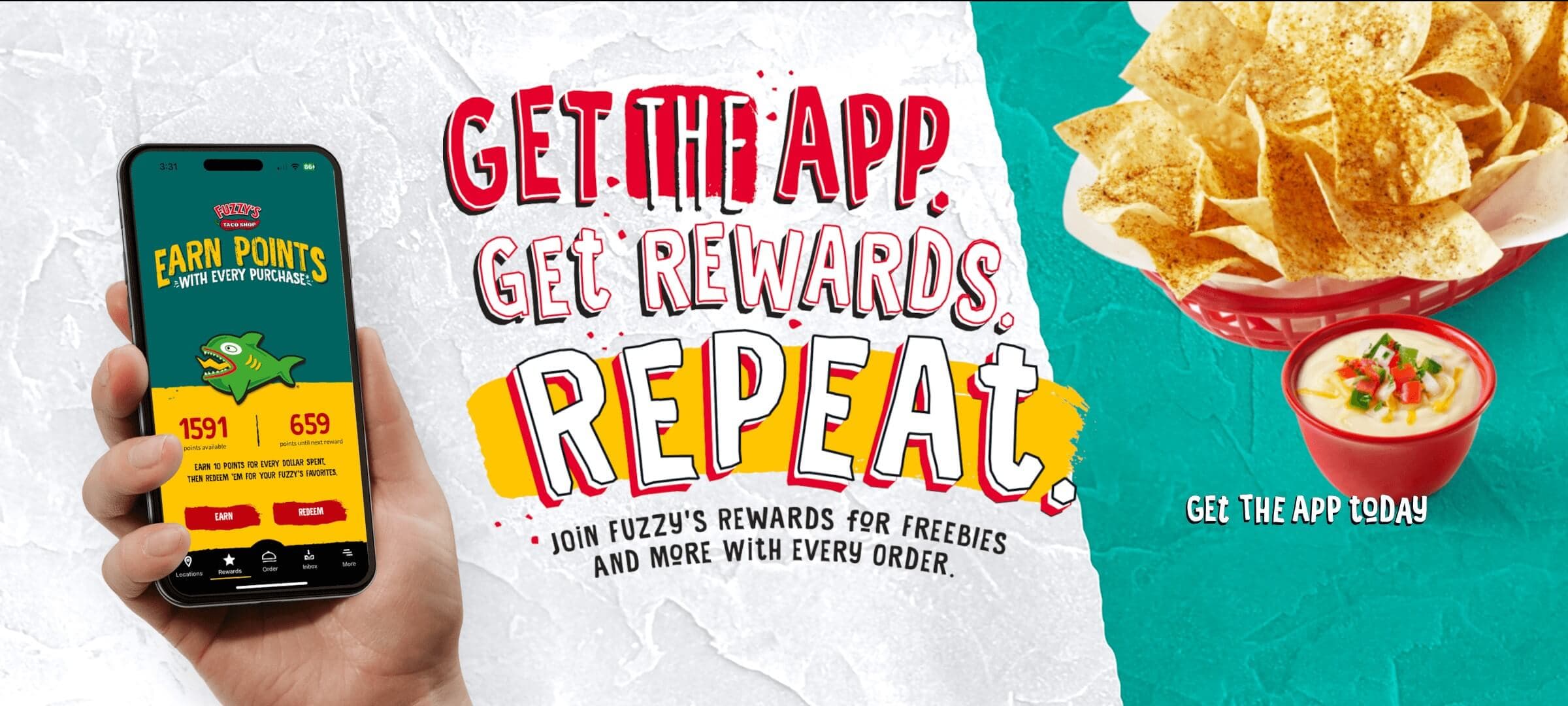 Get the App & Earn Fuzzys Rewards Desktop Image with App Buttons overlayed
