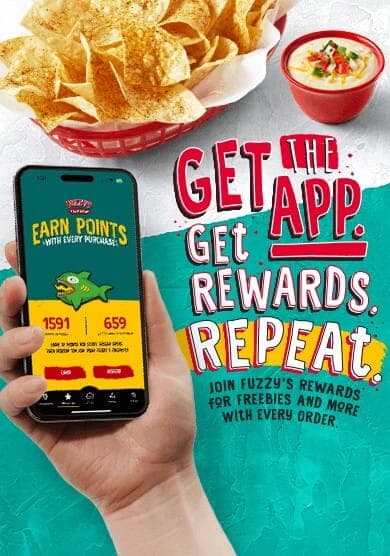 Get the App & Earn Fuzzys Rewards Mobile Image with App Buttons below image